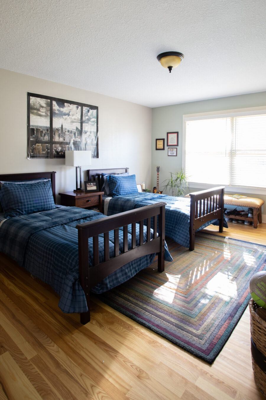 Twin Cities room: two dark wood twin beds, blue plaid bedding, light wood floors, colorful striped rug, bright window light.