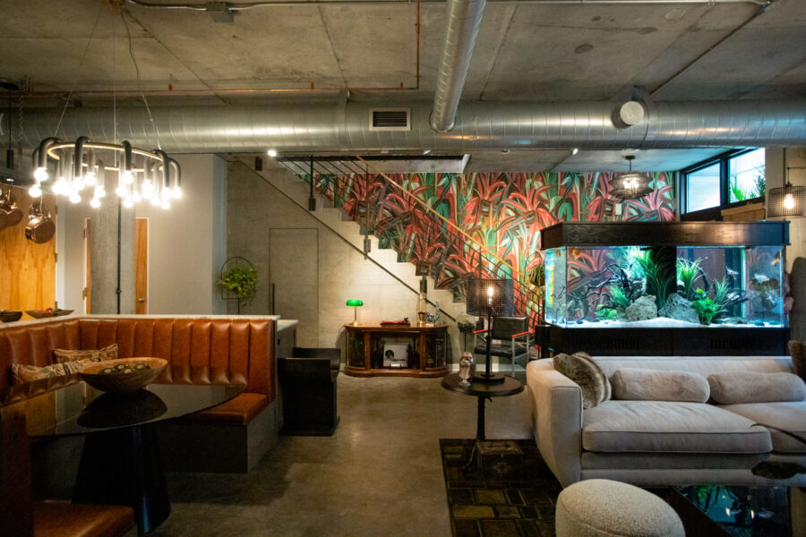 Industrial concrete interior, leather banquette, patterned wall, aquarium. Remodel.