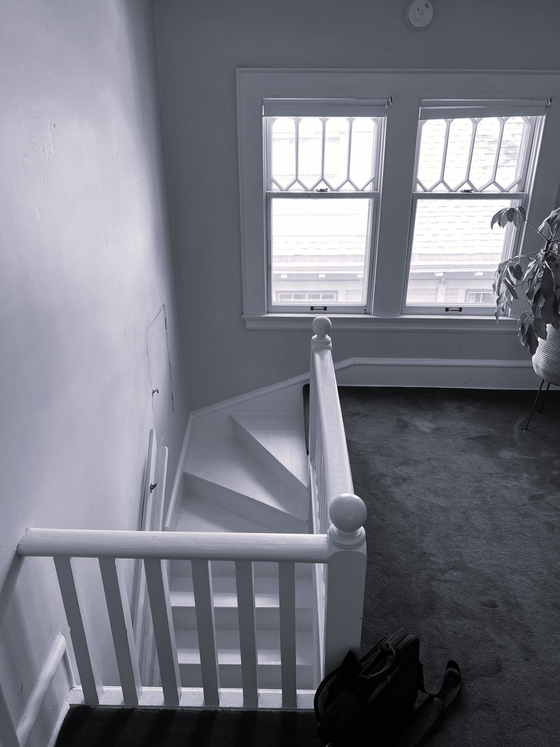Historic Minneapolis stair landing with painted wood railing, leaded windows, preserved interior character