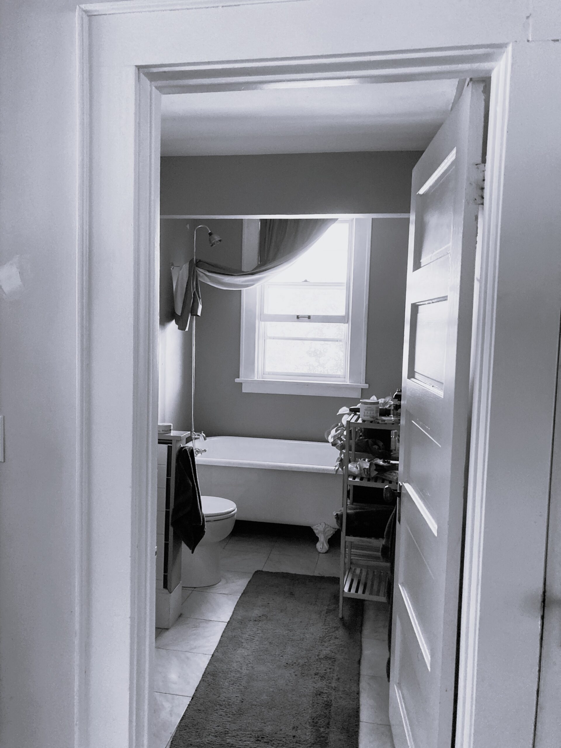 Before bathroom remodel showing dated tub, narrow layout, and limited storage in older Minneapolis home
