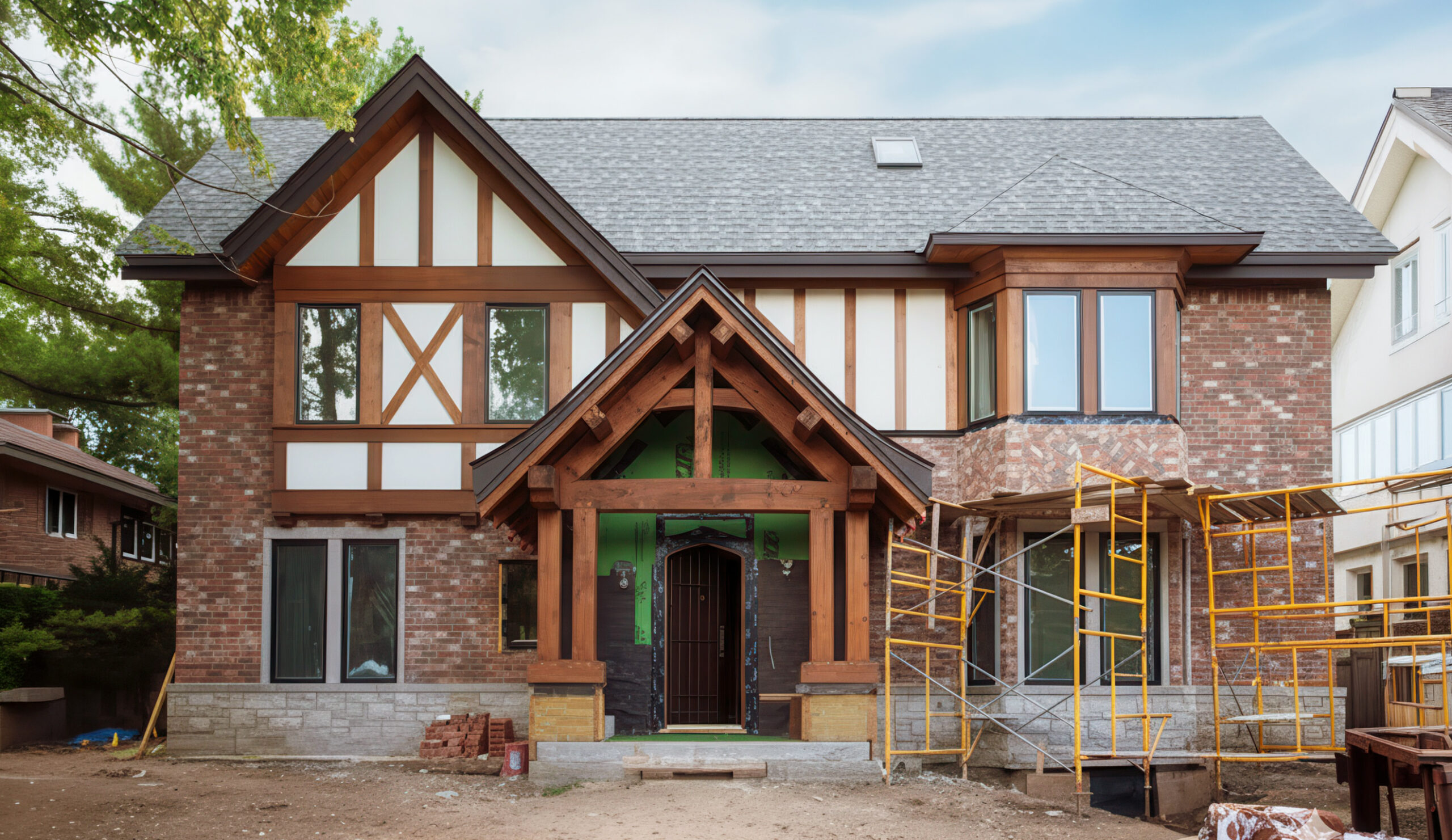 Home renovation reveals brick, timber-framed gables, a wood entry porch, gray roof, and scaffolding.